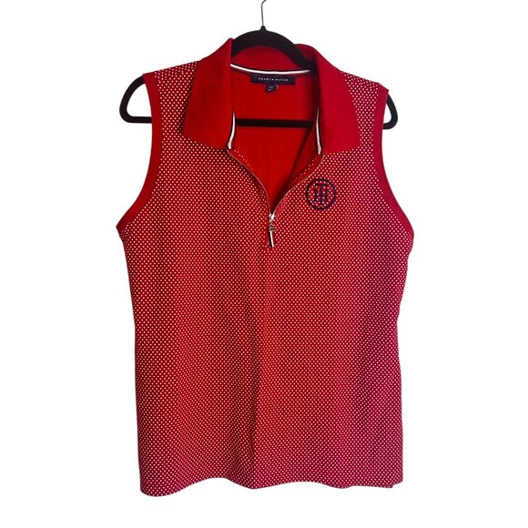 Vtg Tommy Hilfiger Sleeveless Polo Shirt Red White Polka Dot Preppy Golf Top Lg - Picture 1 of 4